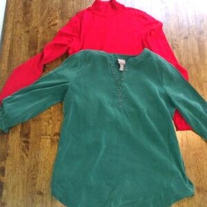 Chico's Christmas Top Bundle Red Turtle Neck and Green 3/4 Sleeve 0/S